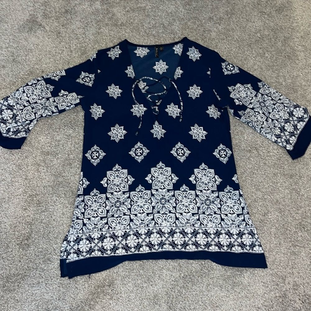 Blue snowflake roomy shoestring tie Portocruz Tunic Shirt top M women’s